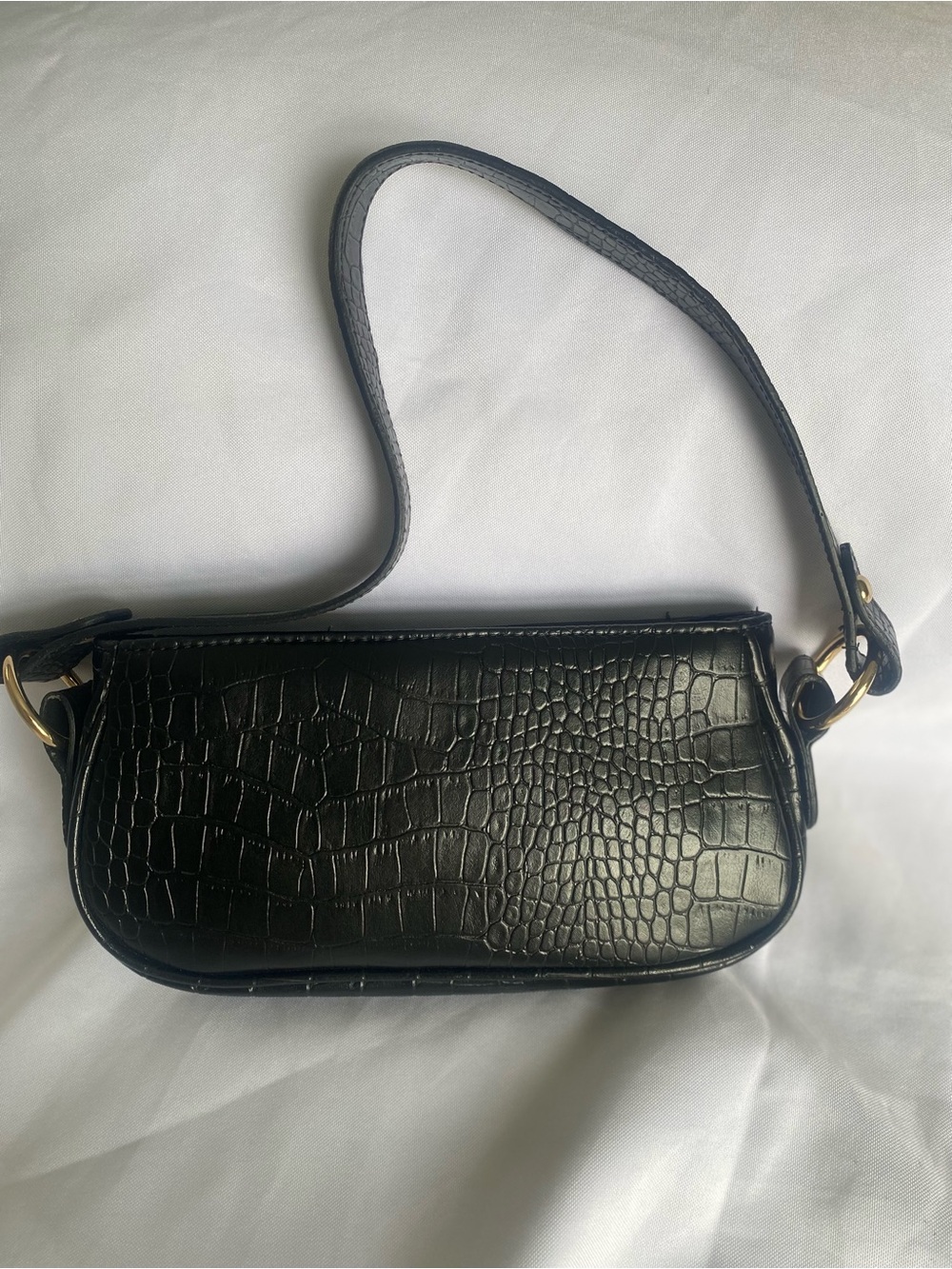 Y2K ASOS Black Croc-Embossed Mini Shoulder Bag with Gold Rings